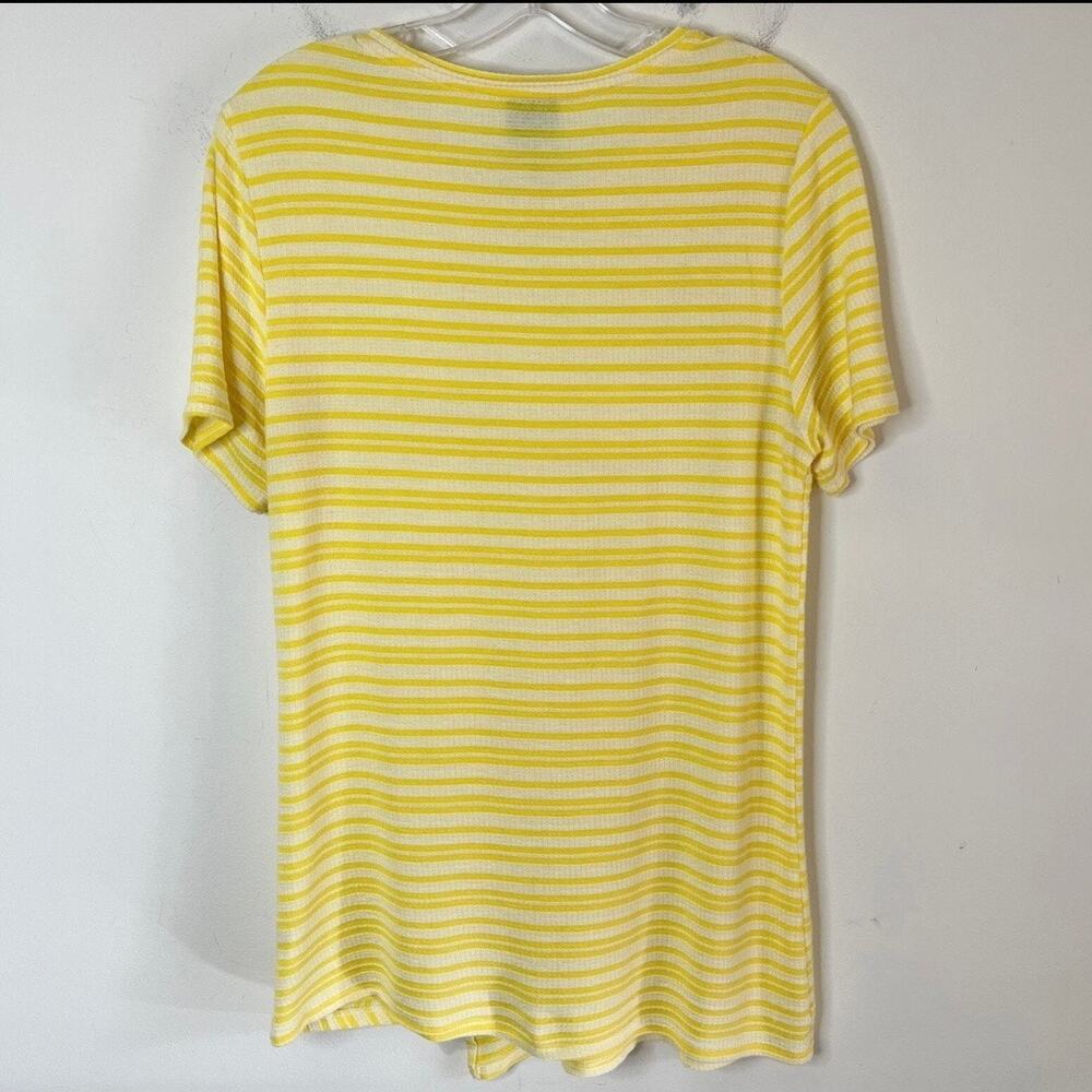 Como Vintage Womens Knit Top M Yellow Striped Short Sleeve Asymmetric Button Hem - Picture 4 of 9